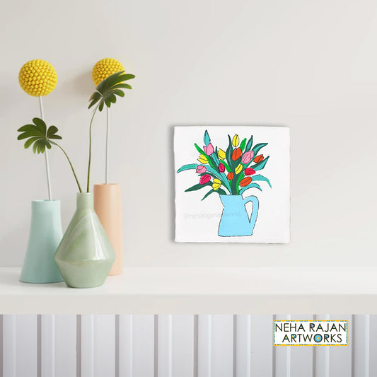 Neha Rajan Artworks Original Handmade Tulip Floral Pot Painting Hand Painted On Canvas Frame 4X4