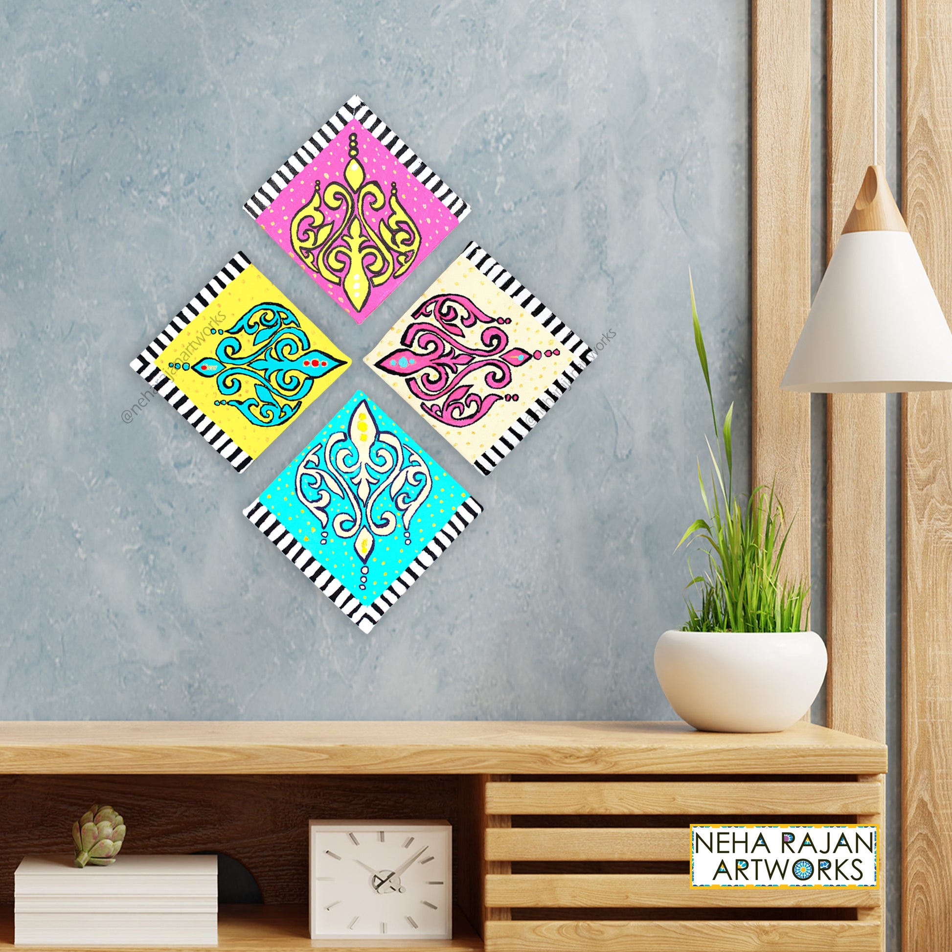 Neha Rajan Artworks Original Handmade Colorful Floral Series Hand Painted On Canvas Frame 4*4(Set of 4)