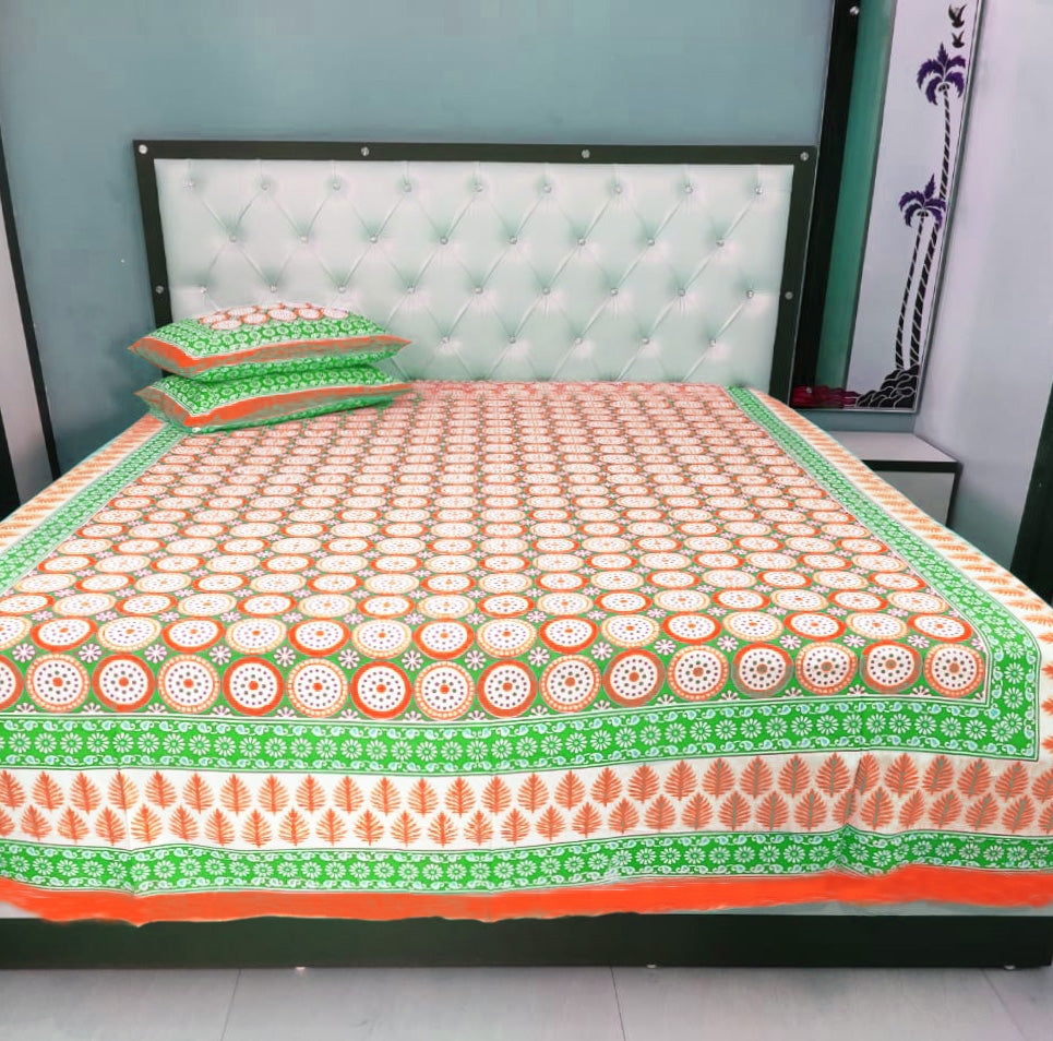 Organic Vibes Green Orange Handblock Printed Floral Cotton Bed Cover with 2 Pillow covers