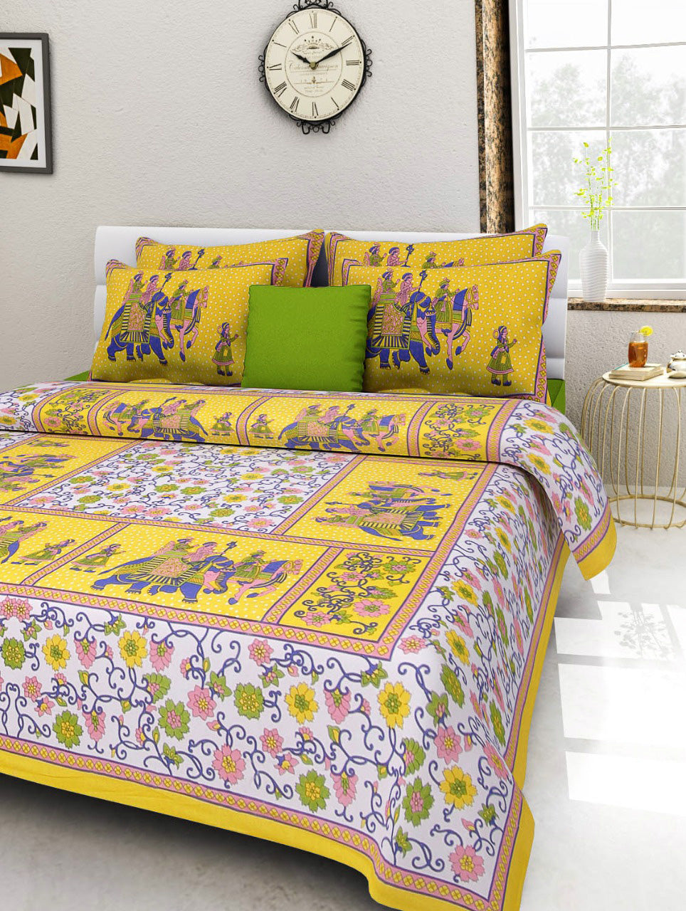 Organic Vibes Hand Block Printed Yellow Baraat Design Cotton Bed Cover with Pillows