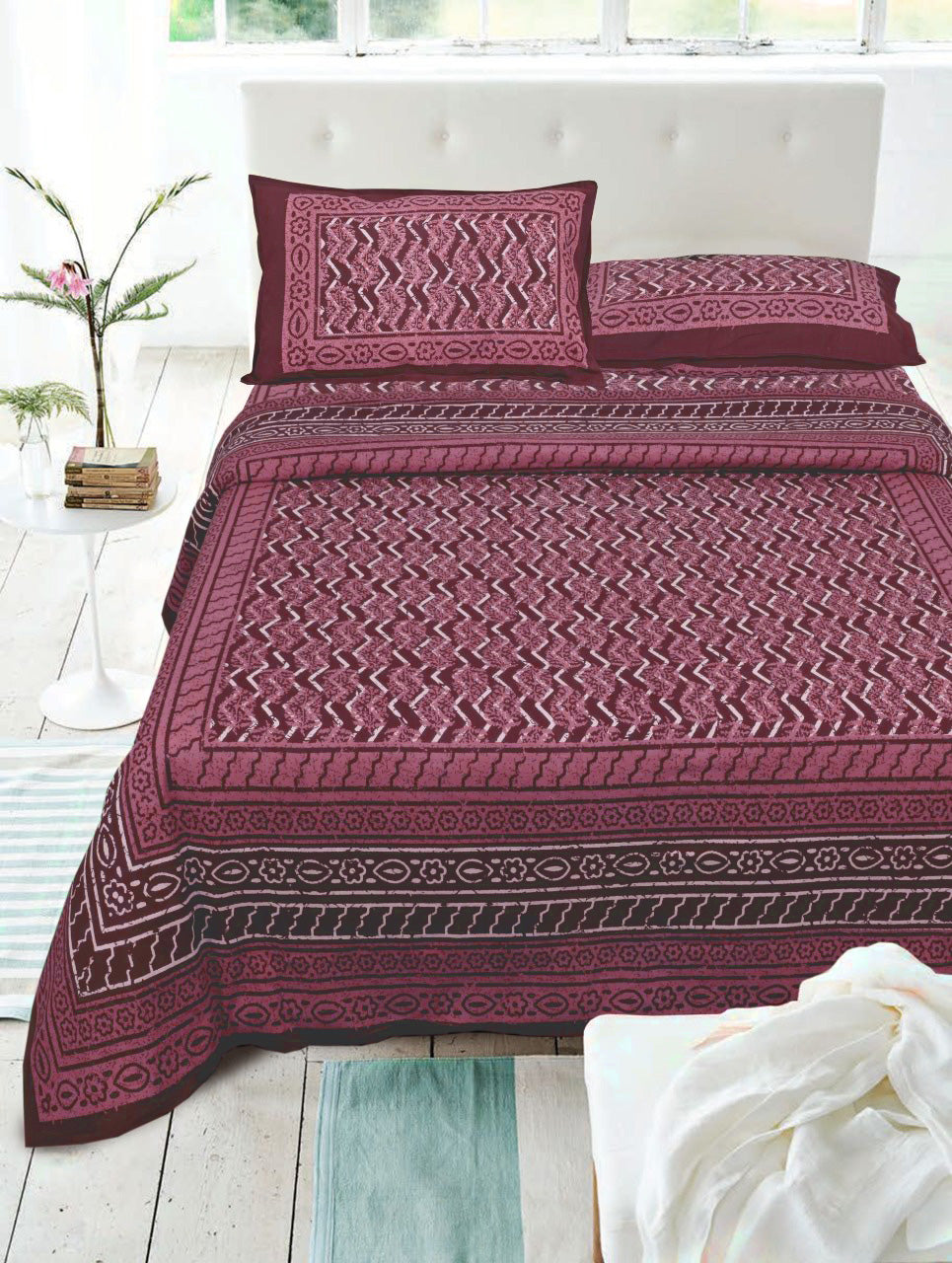 Maroon Dabu Handblock Printed Bed Cover with Pillow covers