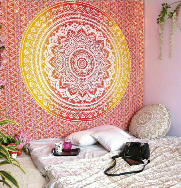 Organic Vibes Orange Mandala Cotton Tapestry Double Bedsheet  