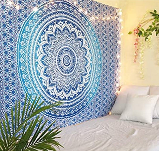 Organic Vibes Blue Mandala Cotton Tapestry Double Bedsheet
