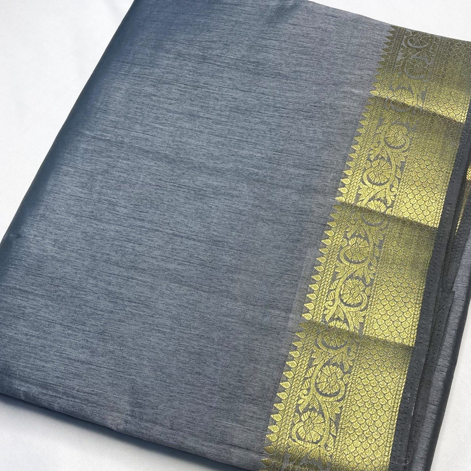Organic Vibes kanjivaram Charcoal Grey Pure Handloom Raw Silk Plain Saree for women