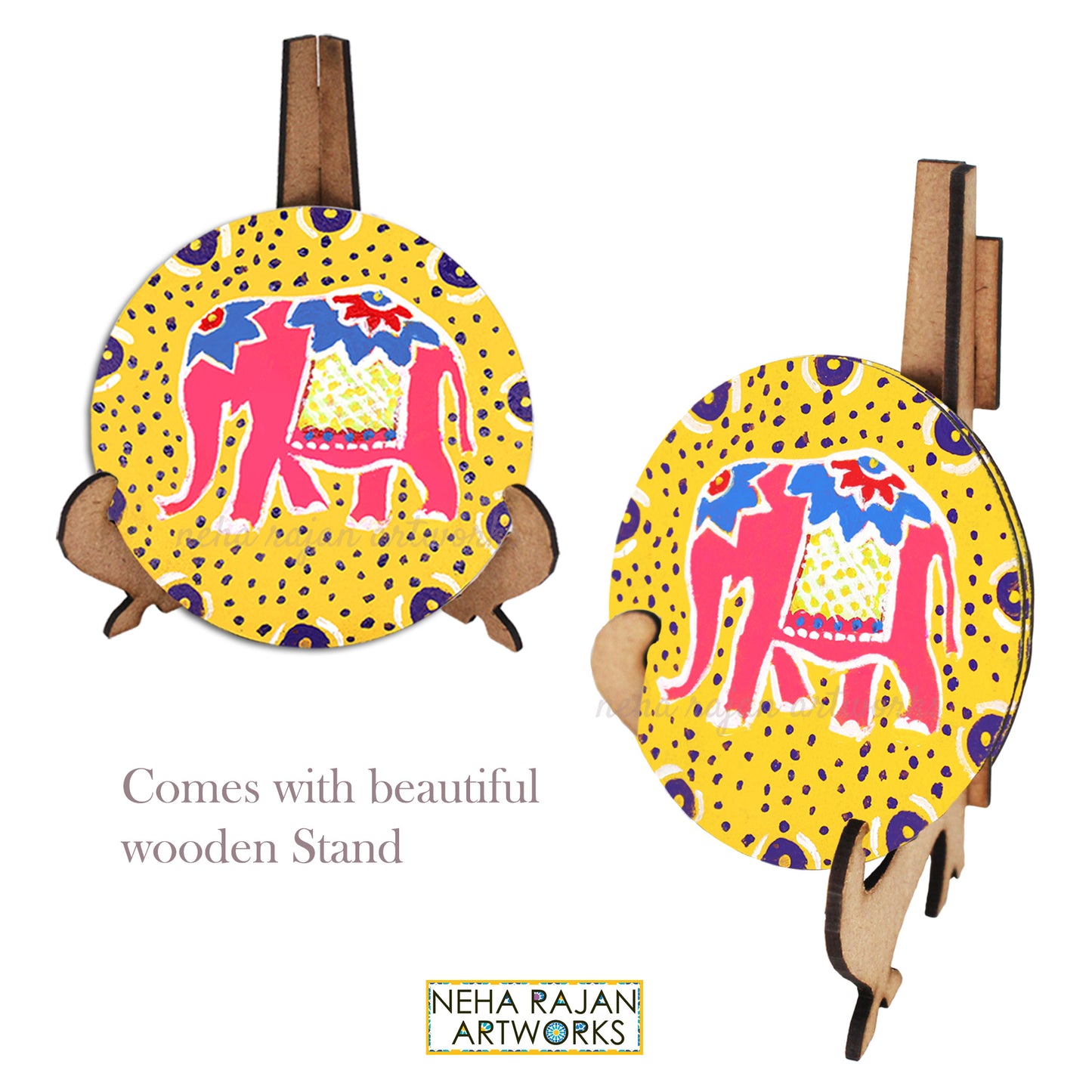 Original Wooden Round Coffee/ Tea Coasters Set- Handcrafted & Hand-Painted Elephant Coaster with Easel for Kitchen/Table & Home Decor/Gifts/Restaurants/Living Room/Coffee Table (Set of 2)