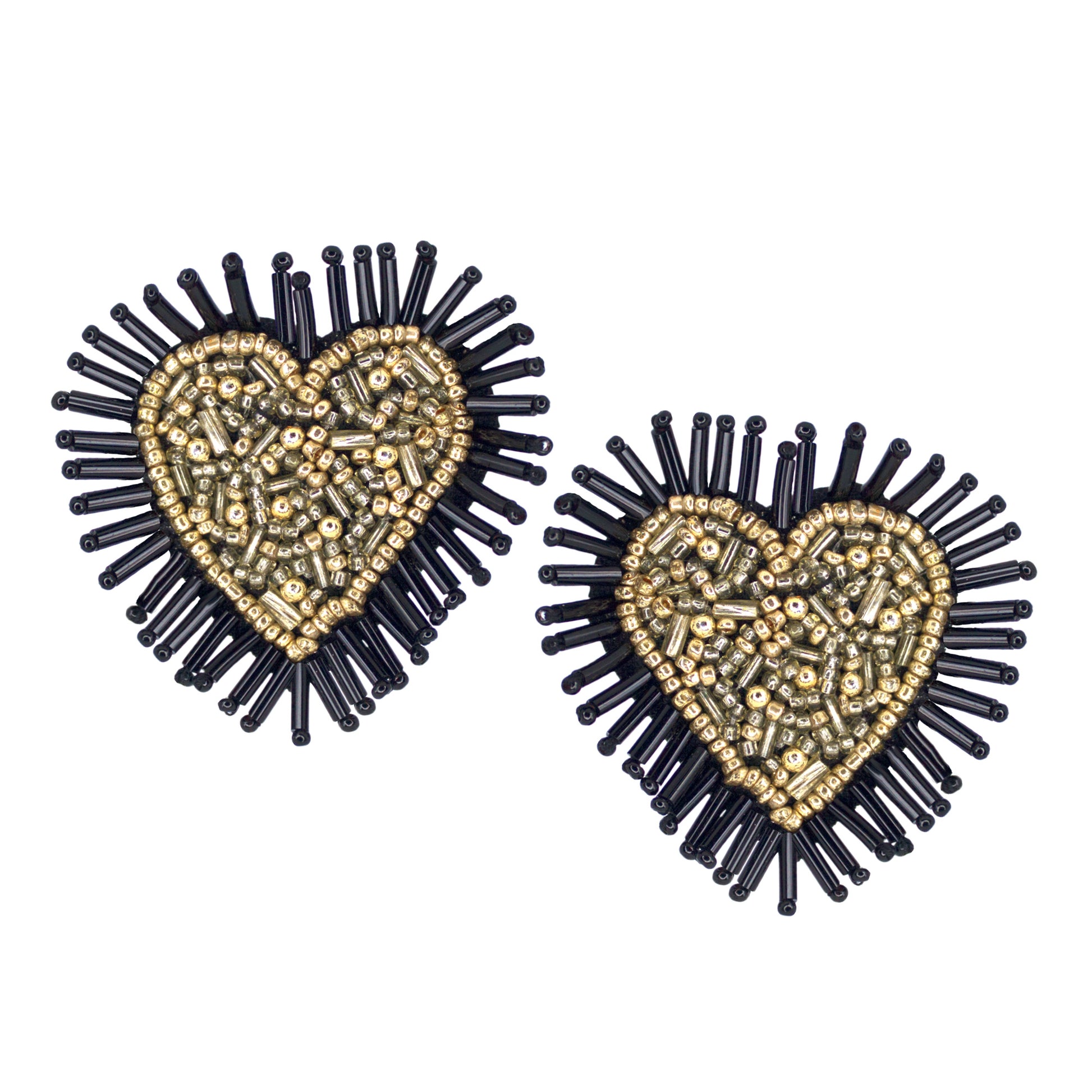 Organic Vibes Handmade Black Heart Shape Beaded Big Stud Fabric Earrings For Women