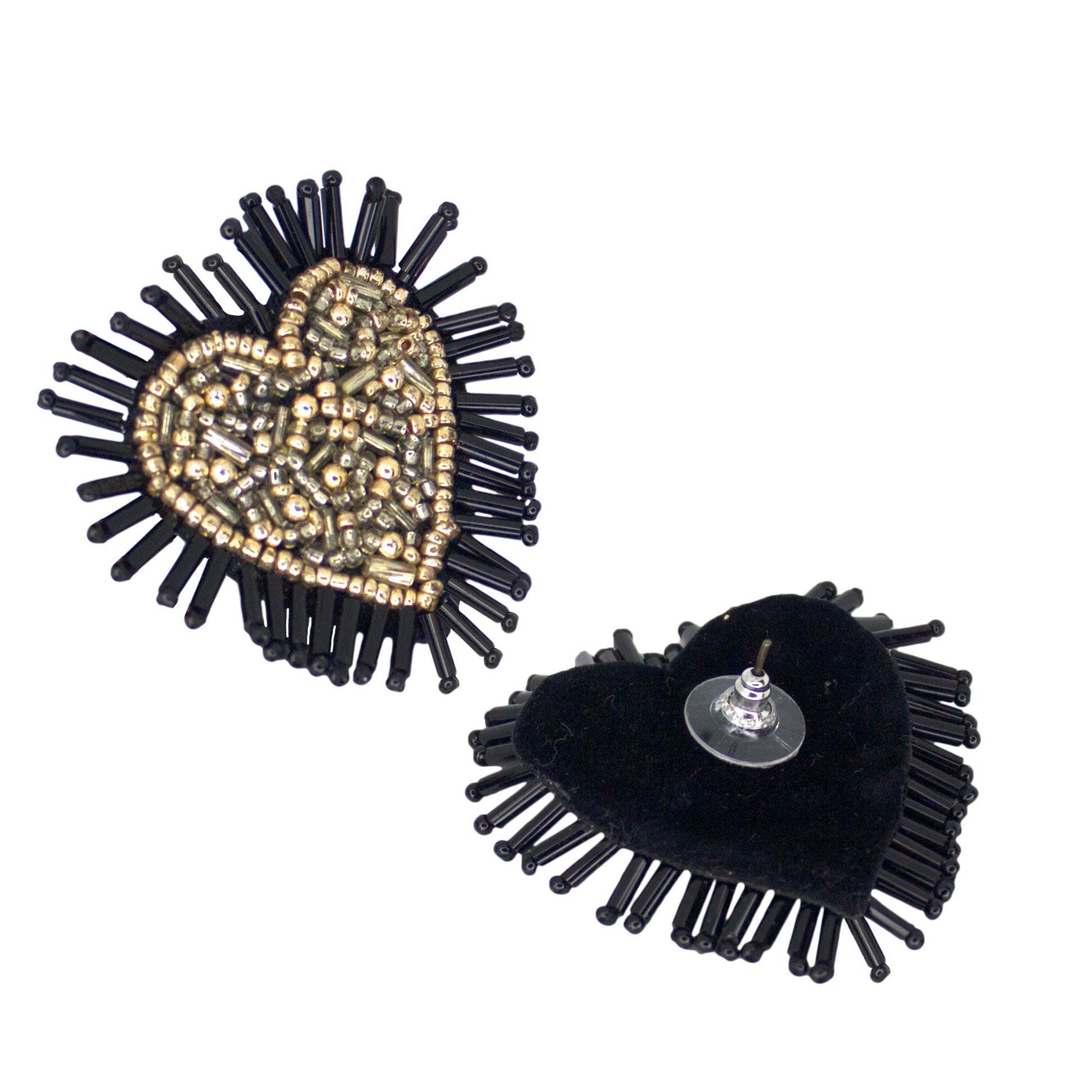 Organic Vibes Handmade Black Heart Shape Beaded Big Stud Fabric Earrings For Women