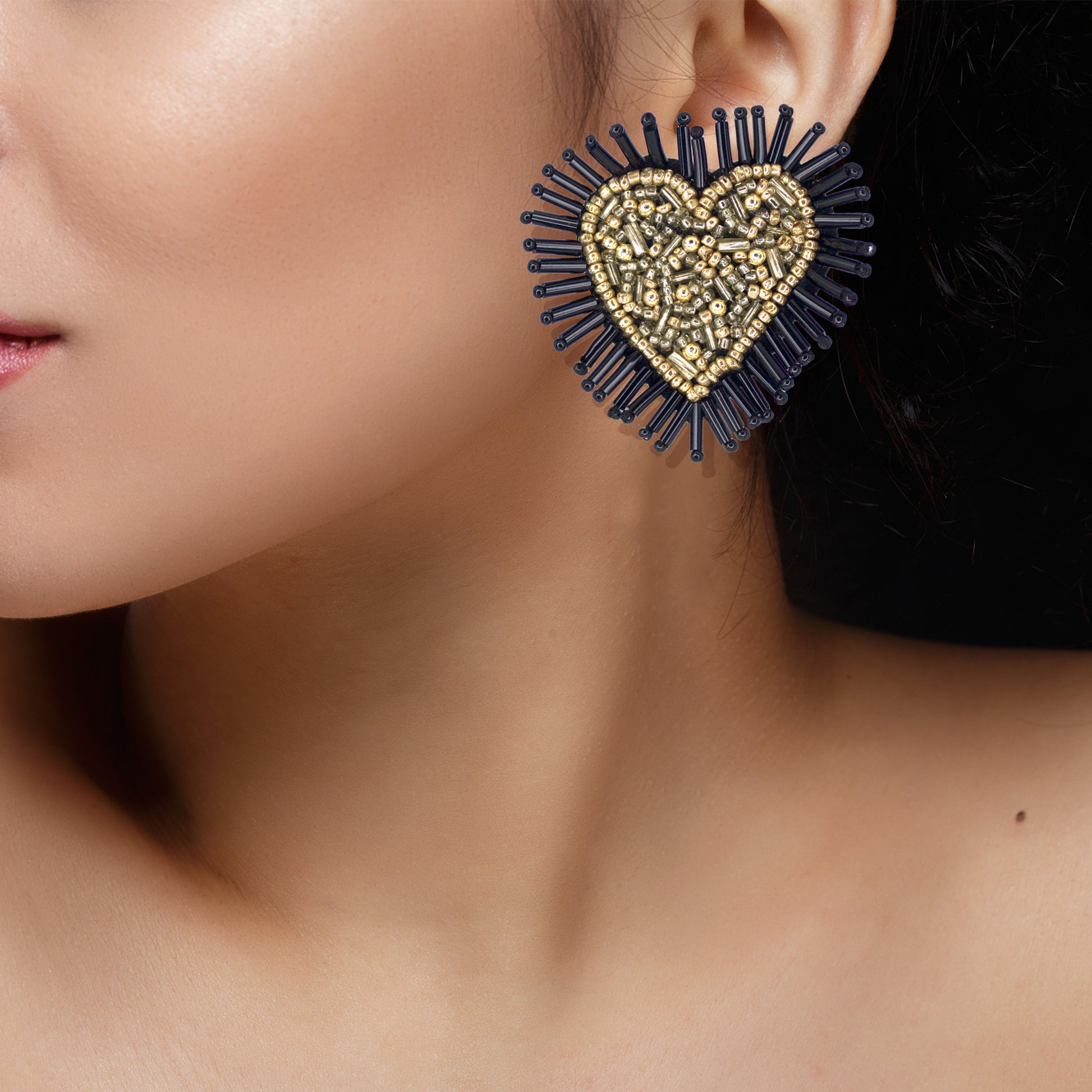 Organic Vibes Handmade Black Heart Shape Beaded Big Stud Fabric Earrings For Women