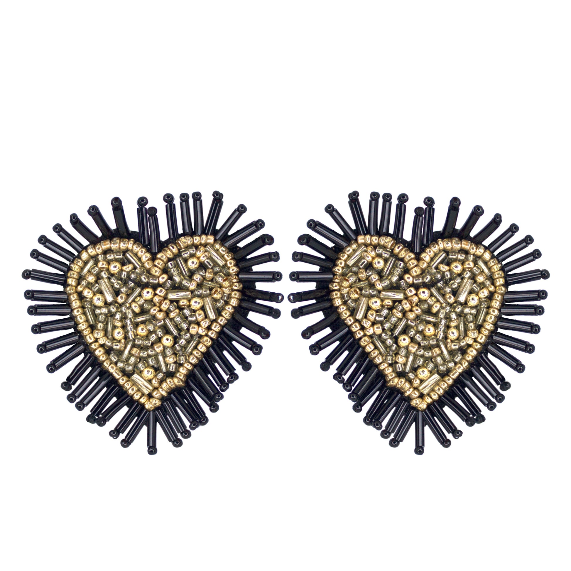 Organic Vibes Handmade Black Heart Shape Beaded Big Stud Fabric Earrings For Women