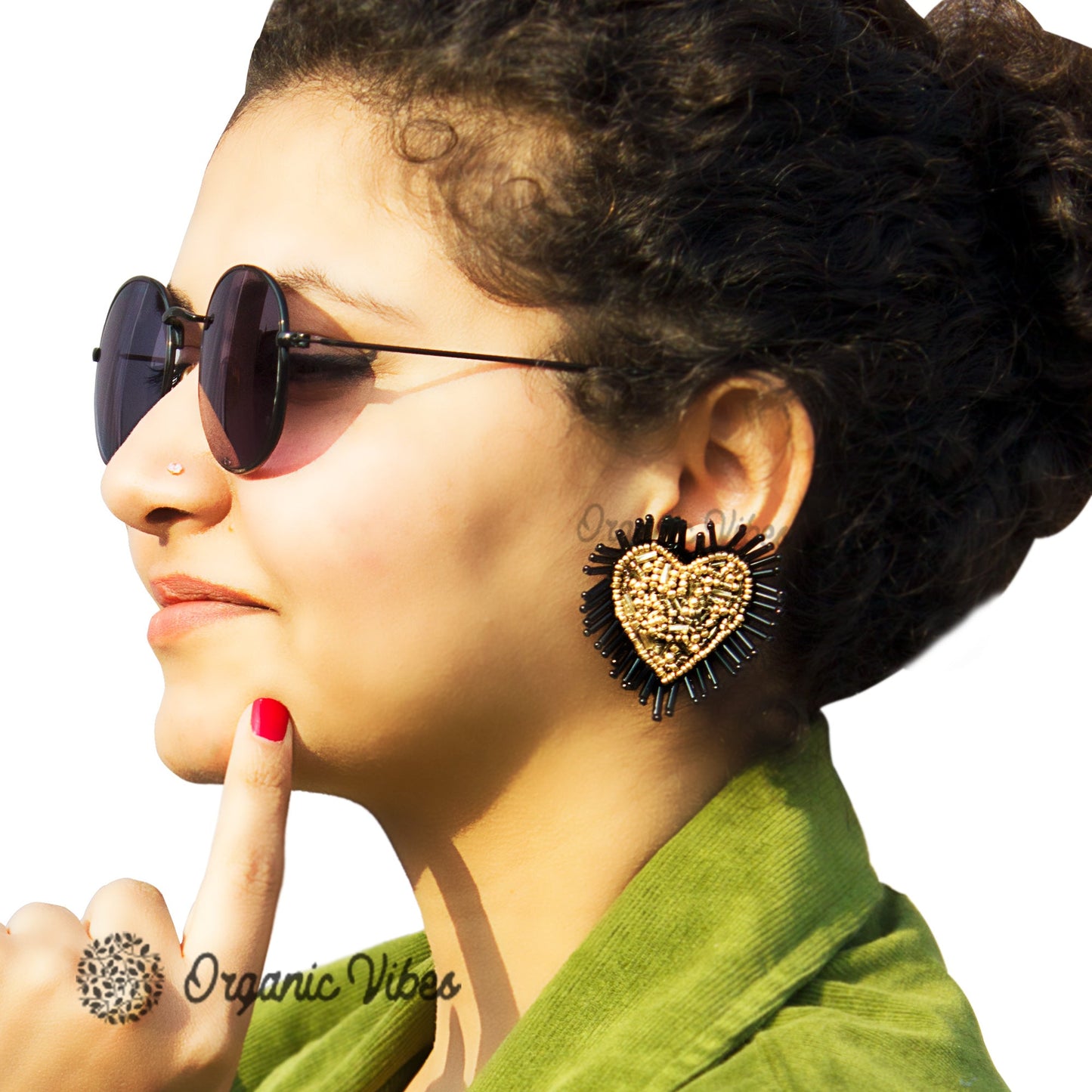 Organic Vibes Handmade Black Heart Shape Beaded Big Stud Fabric Earrings For Women
