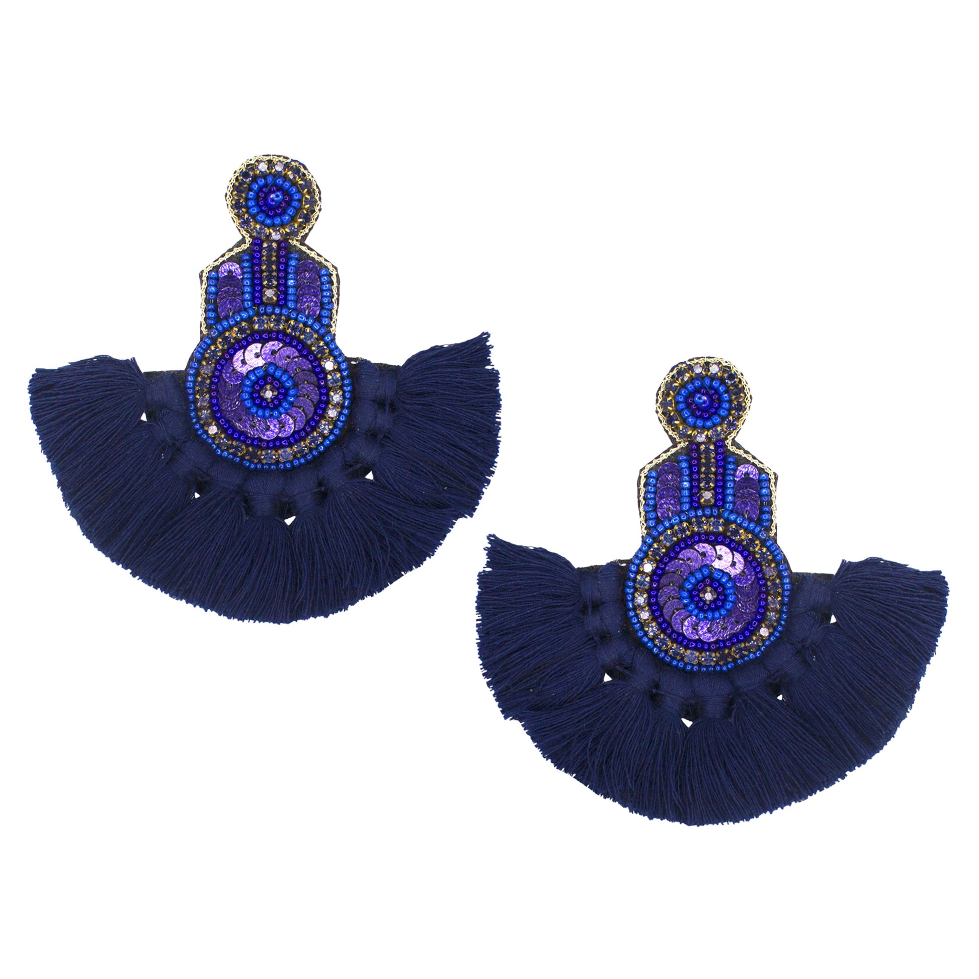 Organic Vibes Handmade Beaded Blue Floral Design Tassel Dangler Fabric Earrings For Women