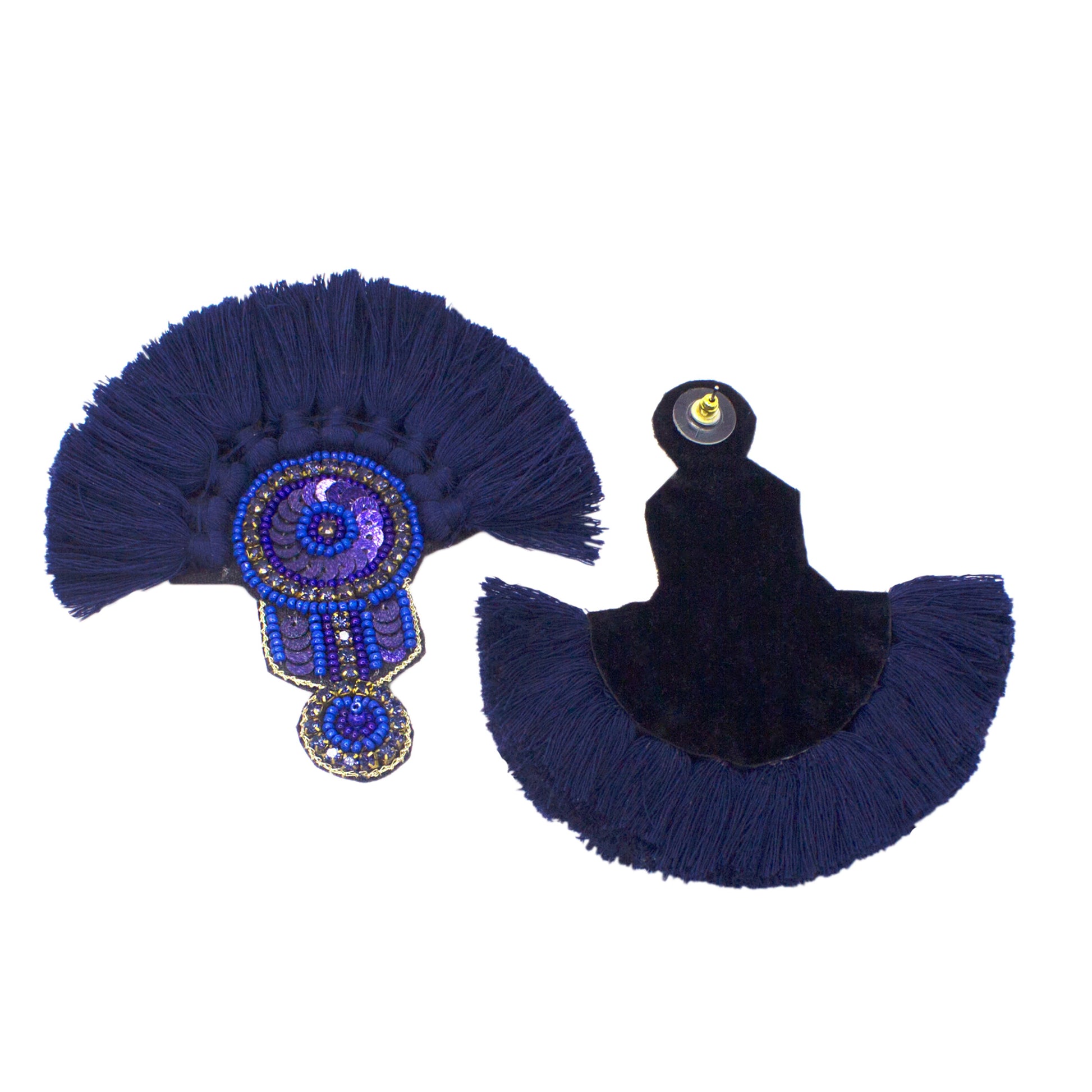 Organic Vibes Handmade Beaded Blue Floral Design Tassel Dangler Fabric Earrings For Women