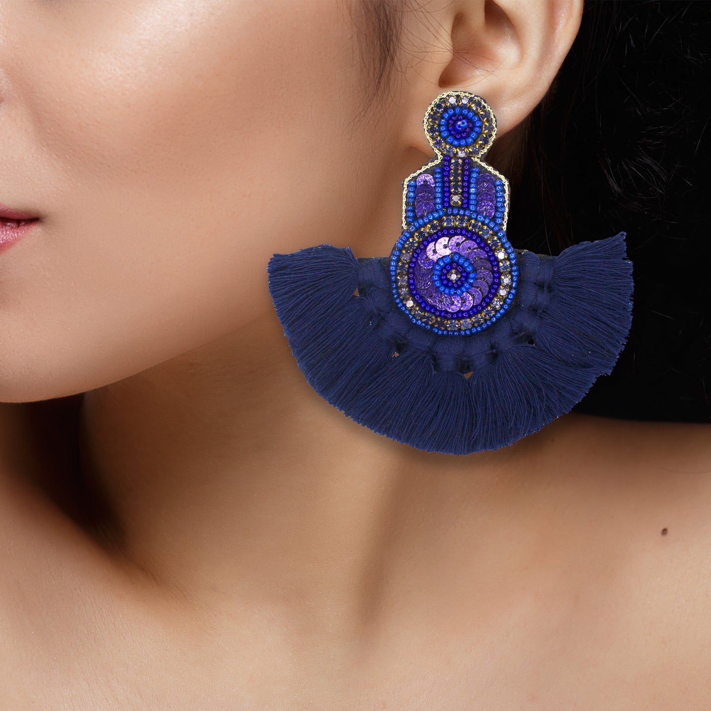 Organic Vibes Handmade Beaded Blue Floral Design Tassel Dangler Fabric Earrings For Women