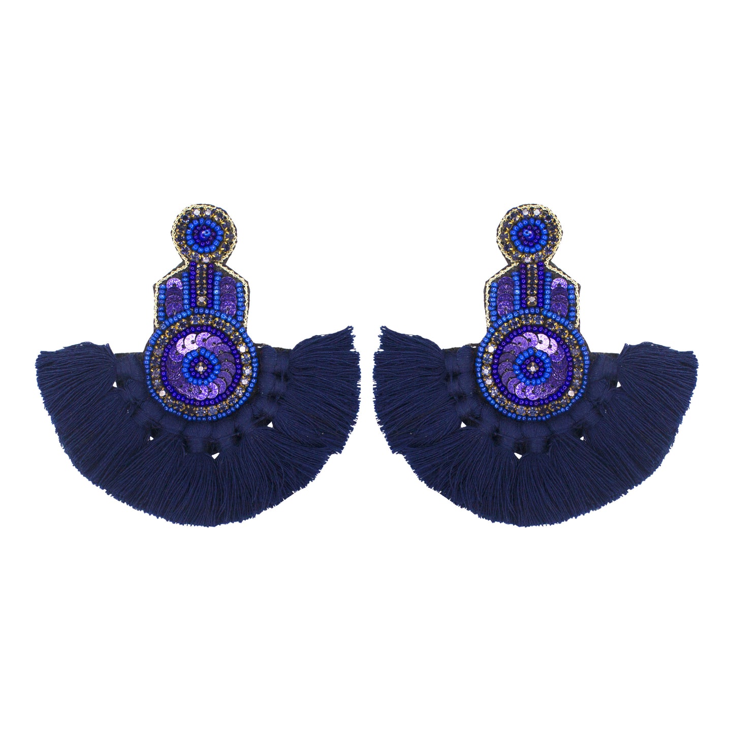 Organic Vibes Handmade Beaded Blue Floral Design Tassel Dangler Fabric Earrings For Women