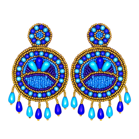 Organic Vibes Blue Hand Embroidered Beaded Upcycled Fabric Earrings For Girls