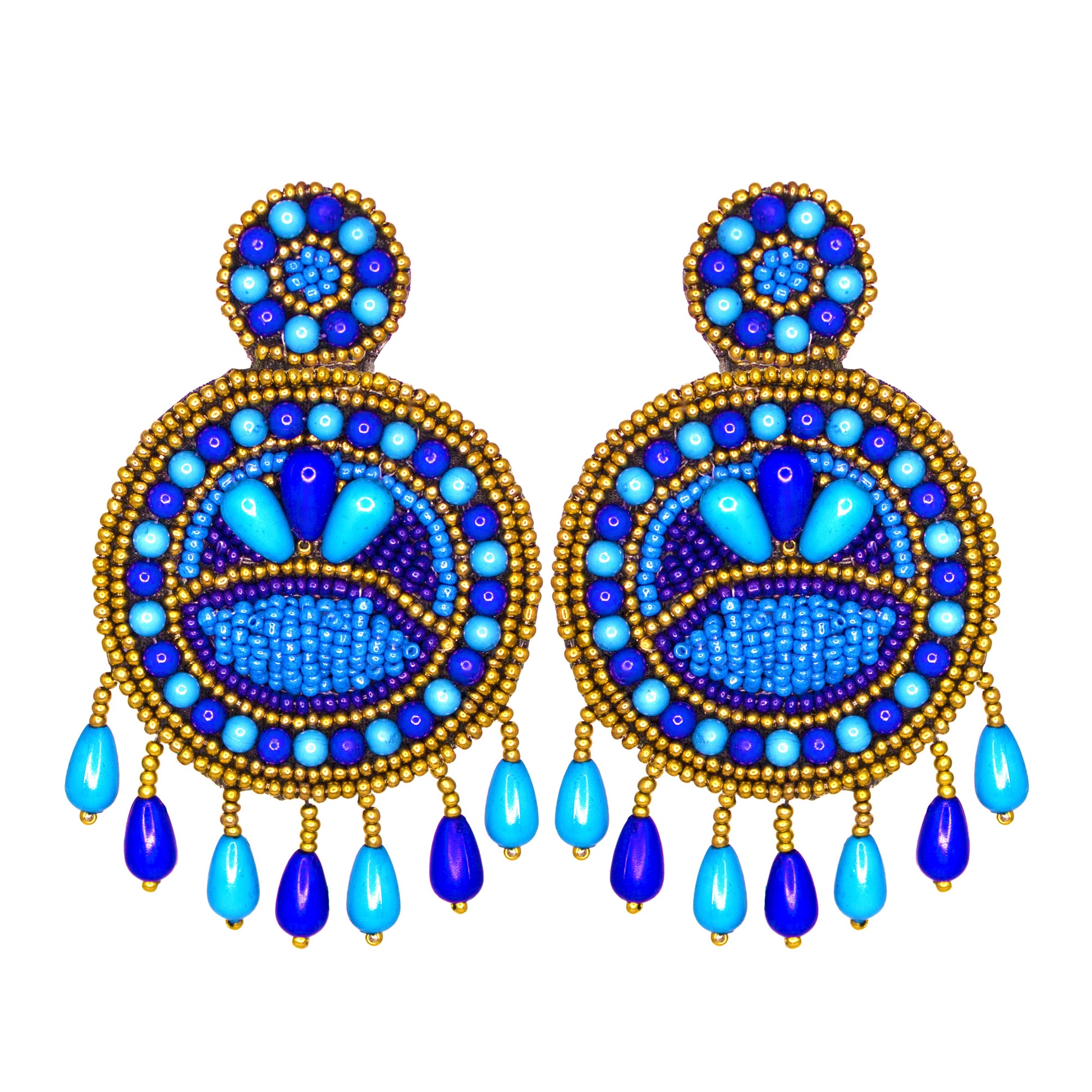 Organic Vibes Blue Hand Embroidered Beaded Upcycled Fabric Earrings For Girls