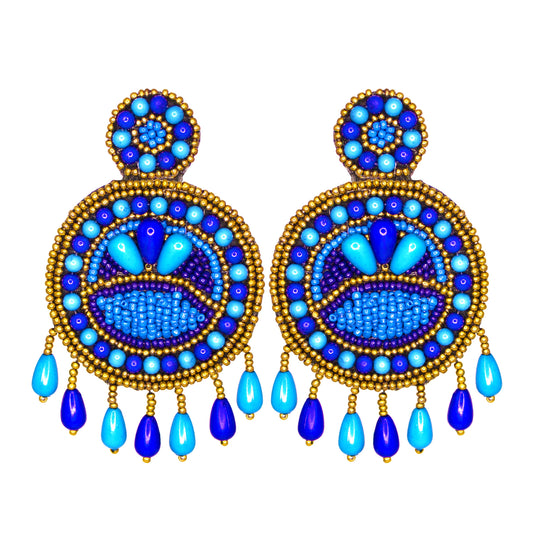 Organic Vibes Blue Hand Embroidered Beaded Upcycled Fabric Earrings For Girls