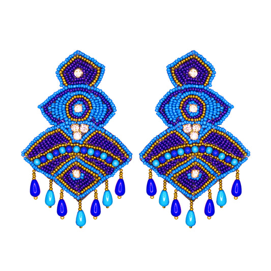 Organic Vibes Blue Hand Embroidered Beaded Upcycled Fabric Earrings For Girls