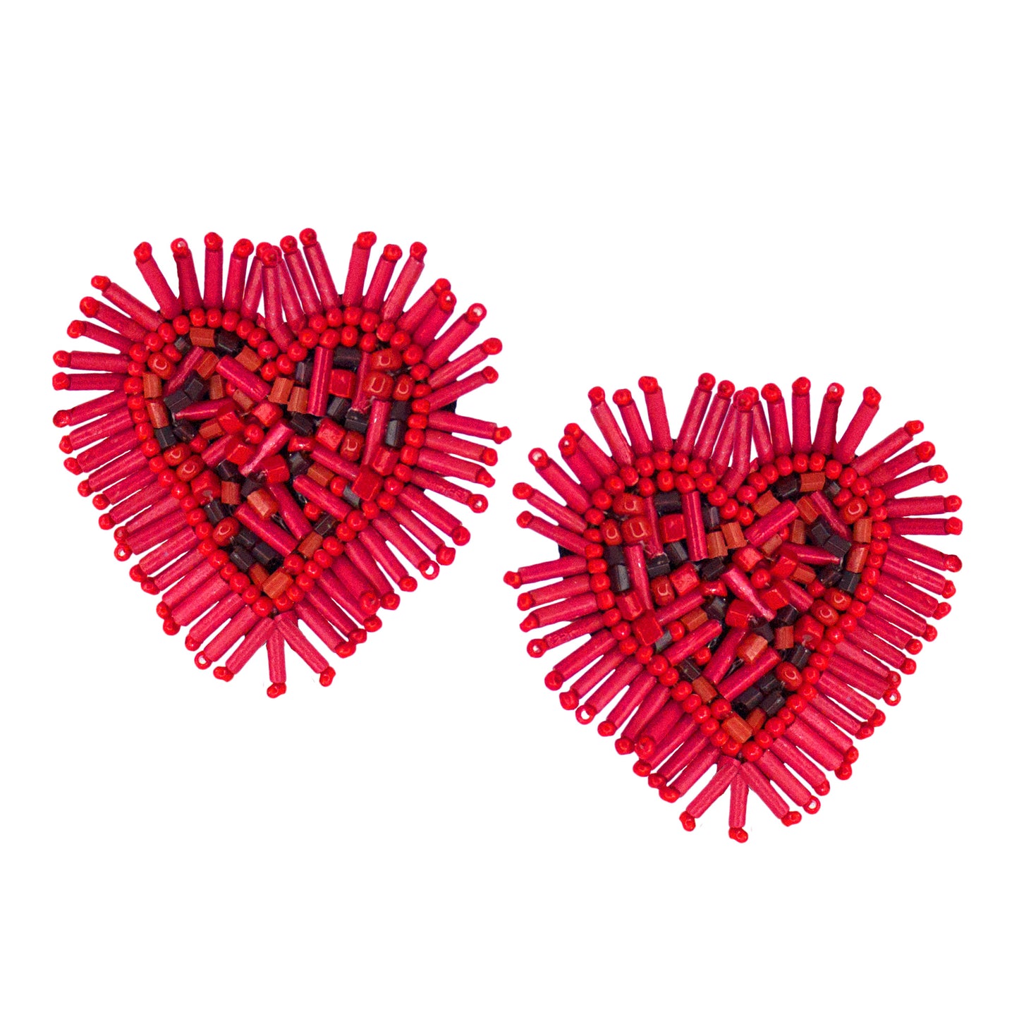 Organic Vibes Handmade Red Heart Shape Beaded Big Stud Fabric Earrings For Women