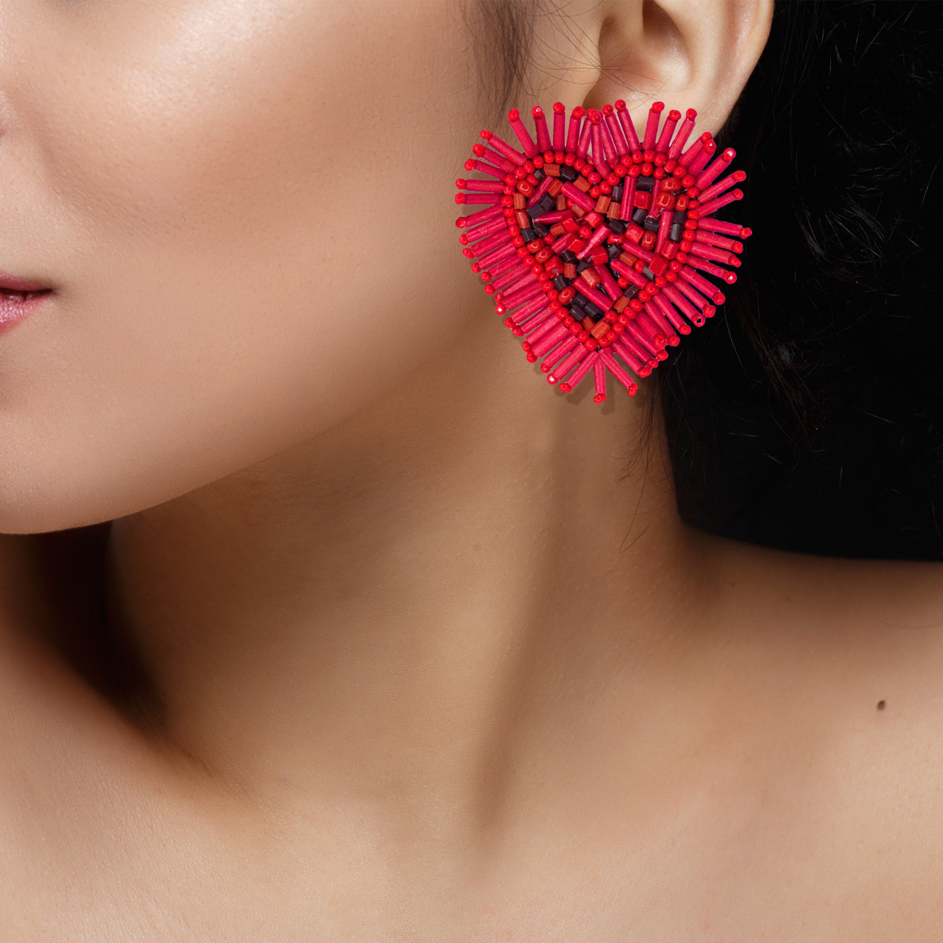 Organic Vibes Handmade Red Heart Shape Beaded Big Stud Fabric Earrings For Women
