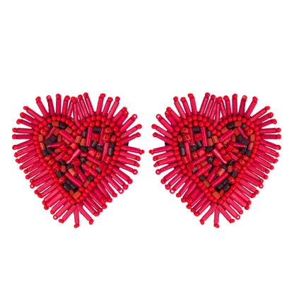 Organic Vibes Handmade Red Heart Shape Beaded Big Stud Fabric Earrings For Women