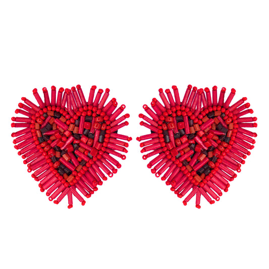 Organic Vibes Handmade Red Heart Shape Beaded Big Stud Fabric Earrings For Women