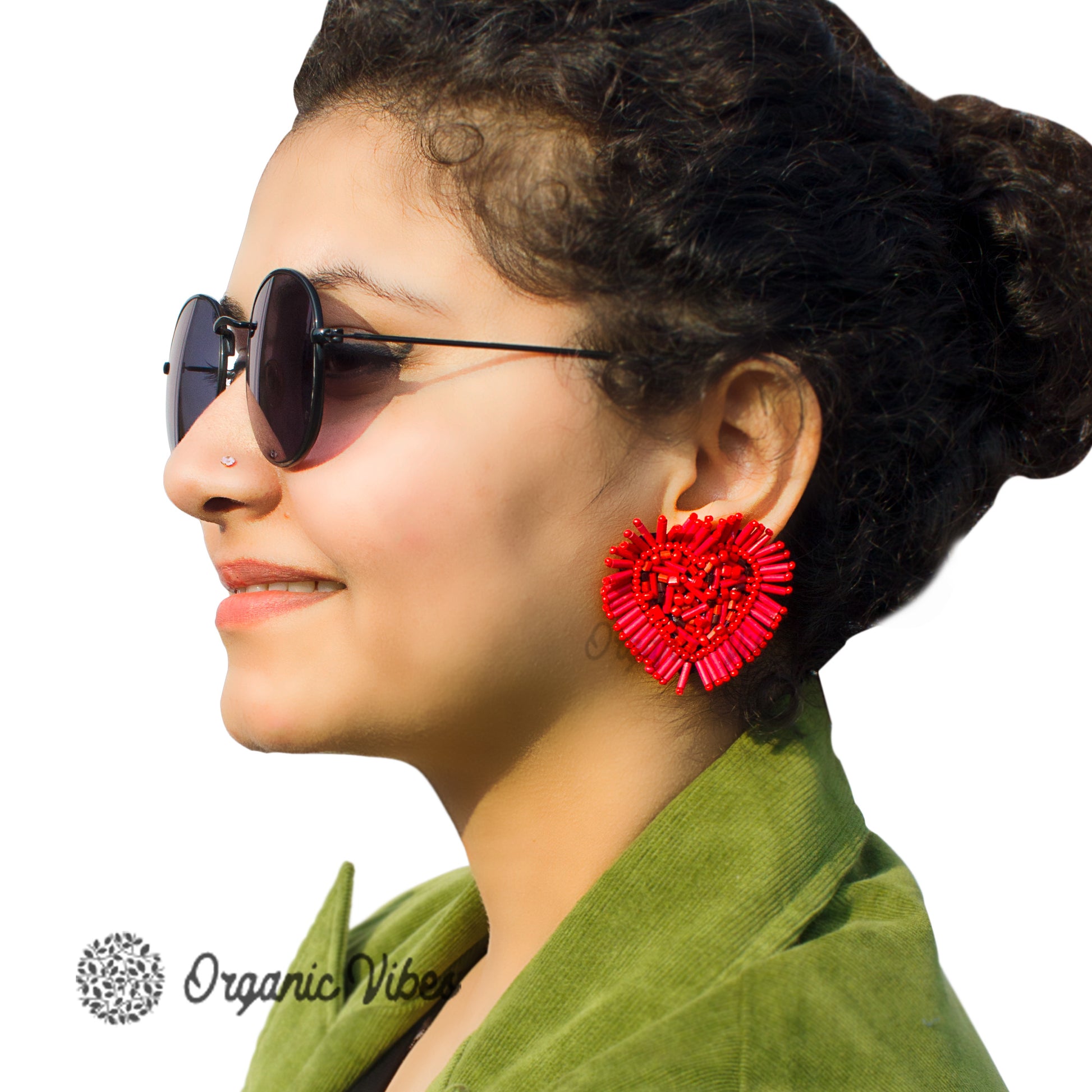 Organic Vibes Handmade Red Heart Shape Beaded Big Stud Fabric Earrings For Women