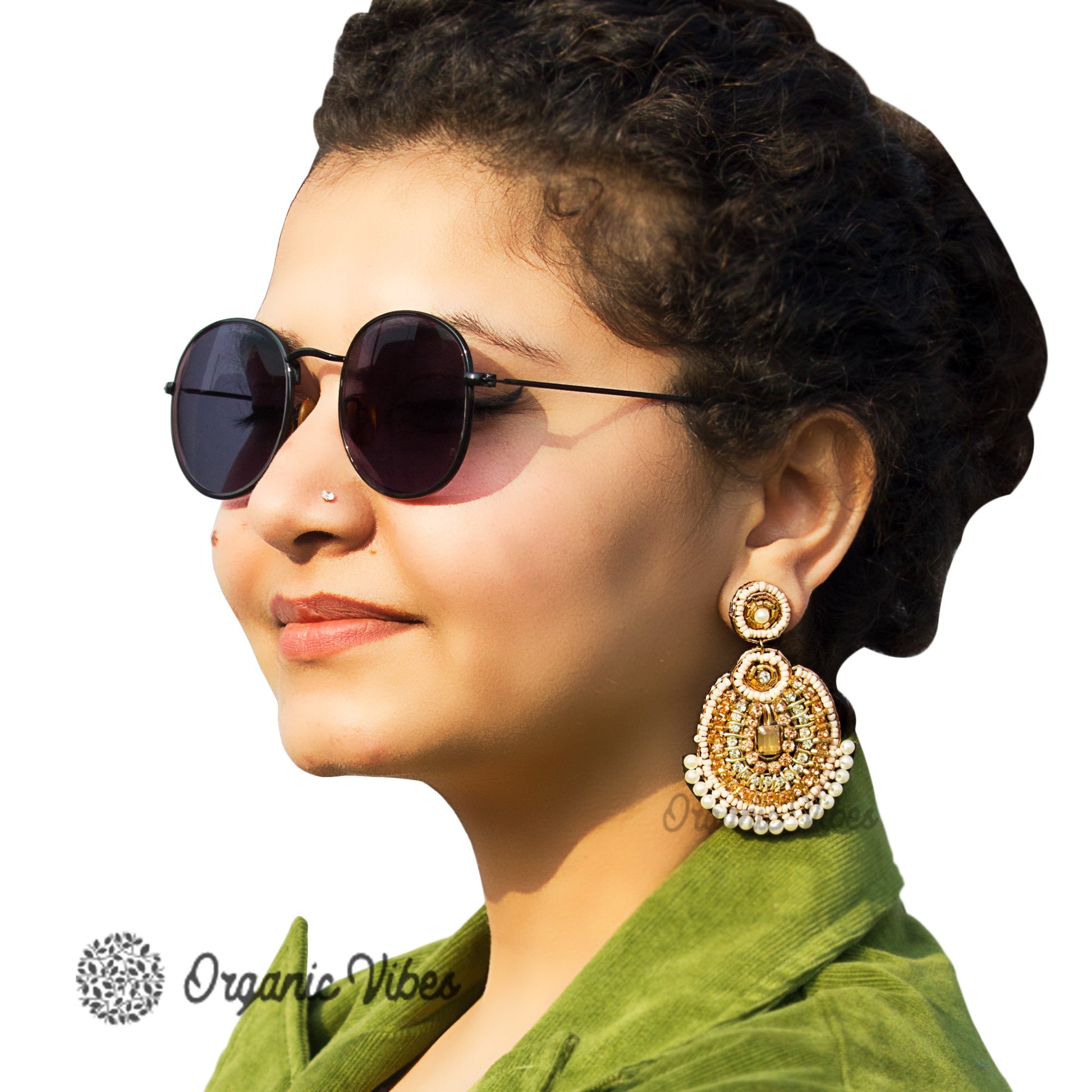 Organic Vibes Handmade Temple Design Beaded Multi Colour Dangler Fabric Earrings For Women