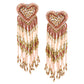 Organic Vibes Handmade Embroidered Pink Heart Shape Beaded Stud With Hanging Beads Fabric Earrings For Women