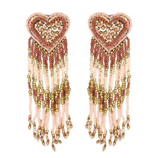 Organic Vibes Handmade Embroidered Pink Heart Shape Beaded Stud With Hanging Beads Fabric Earrings For Women