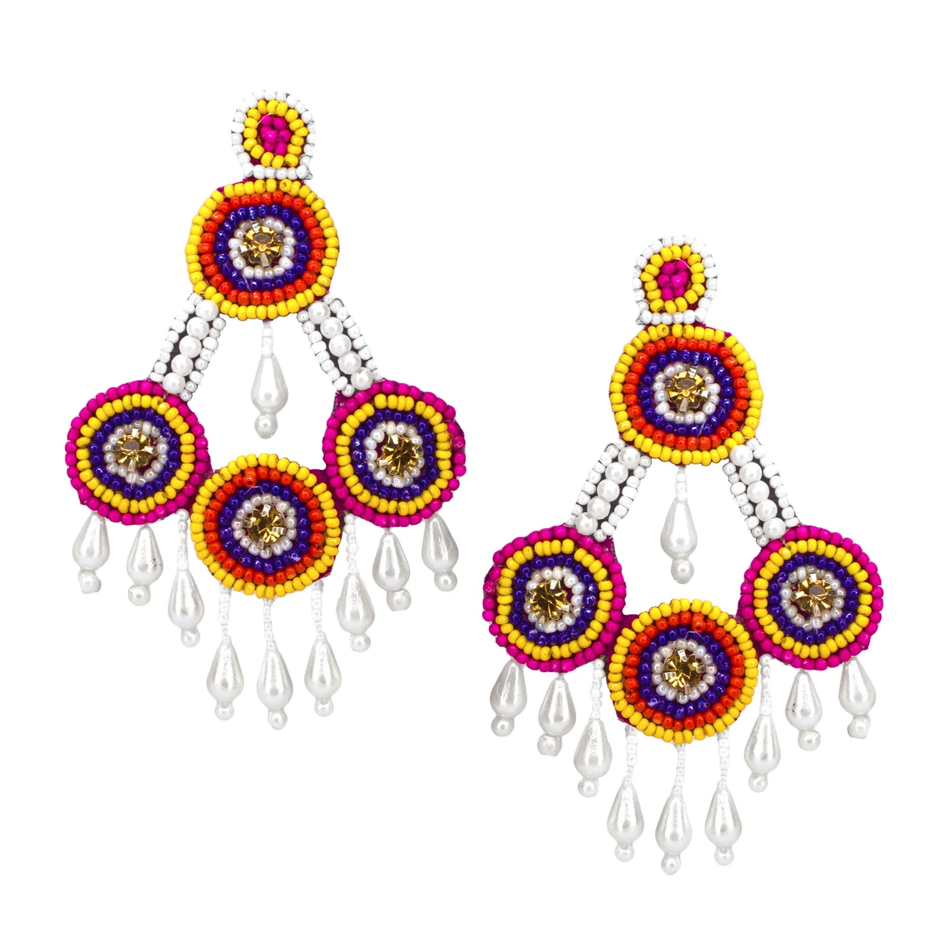 Organic Vibes Multi-Color Hand Embroidered Beaded Fabric Upcycled Earrings For Girls