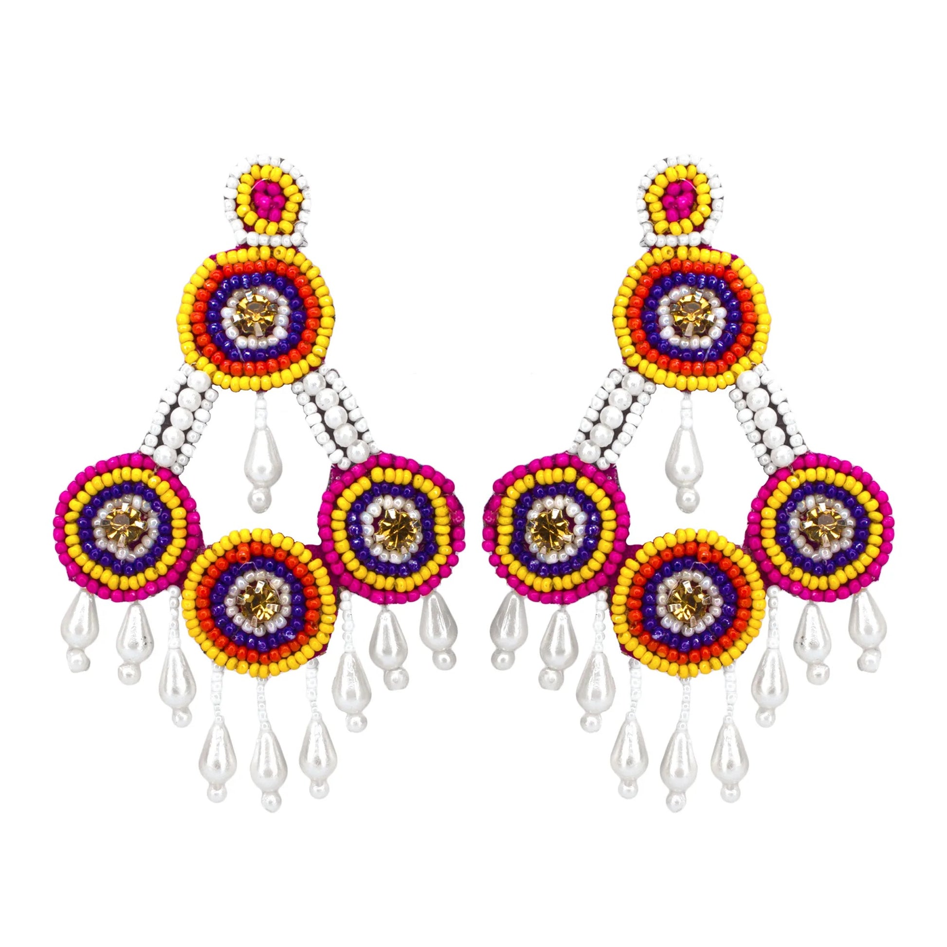 Organic Vibes Multi-Color Hand Embroidered Beaded Fabric Upcycled Earrings For Girls