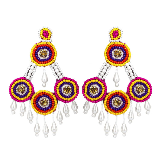 Organic Vibes Multi-Color Hand Embroidered Beaded Fabric Upcycled Earrings For Girls