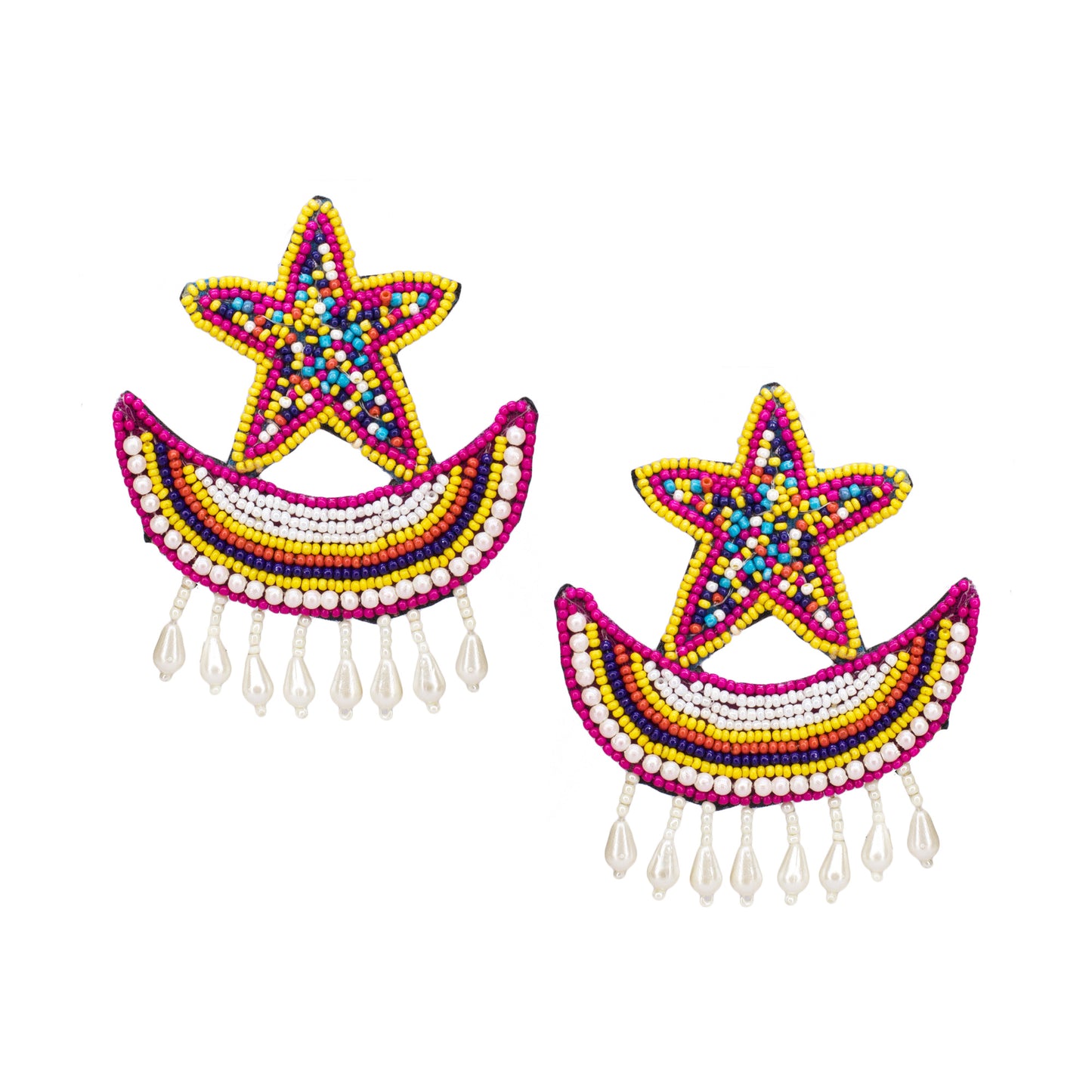 Organic Vibes Star Moon Multi-Color Hand Embroidered Beaded Upcycled Fabric Earrings For Girls