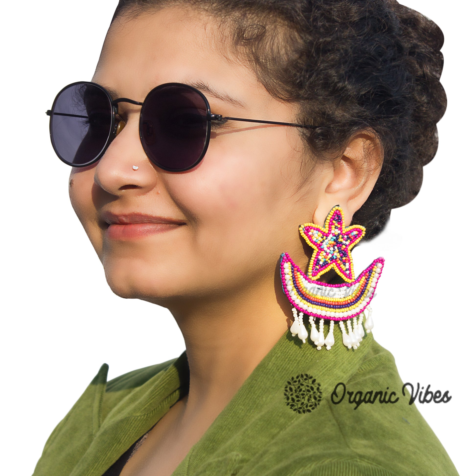 Organic Vibes Star Moon Multi-Color Hand Embroidered Beaded Upcycled Fabric Earrings For Girls