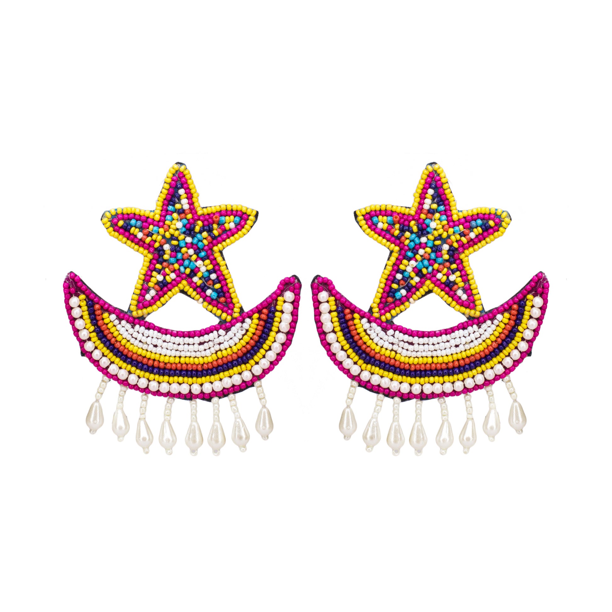 Organic Vibes Star Moon Multi-Color Hand Embroidered Beaded Upcycled Fabric Earrings For Girls