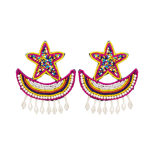 Organic Vibes Star Moon Multi-Color Hand Embroidered Beaded Upcycled Fabric Earrings For Girls