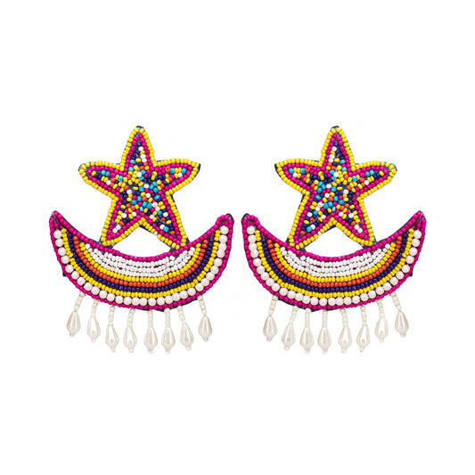 Organic Vibes Star Moon Multi-Color Hand Embroidered Beaded Upcycled Fabric Earrings For Girls