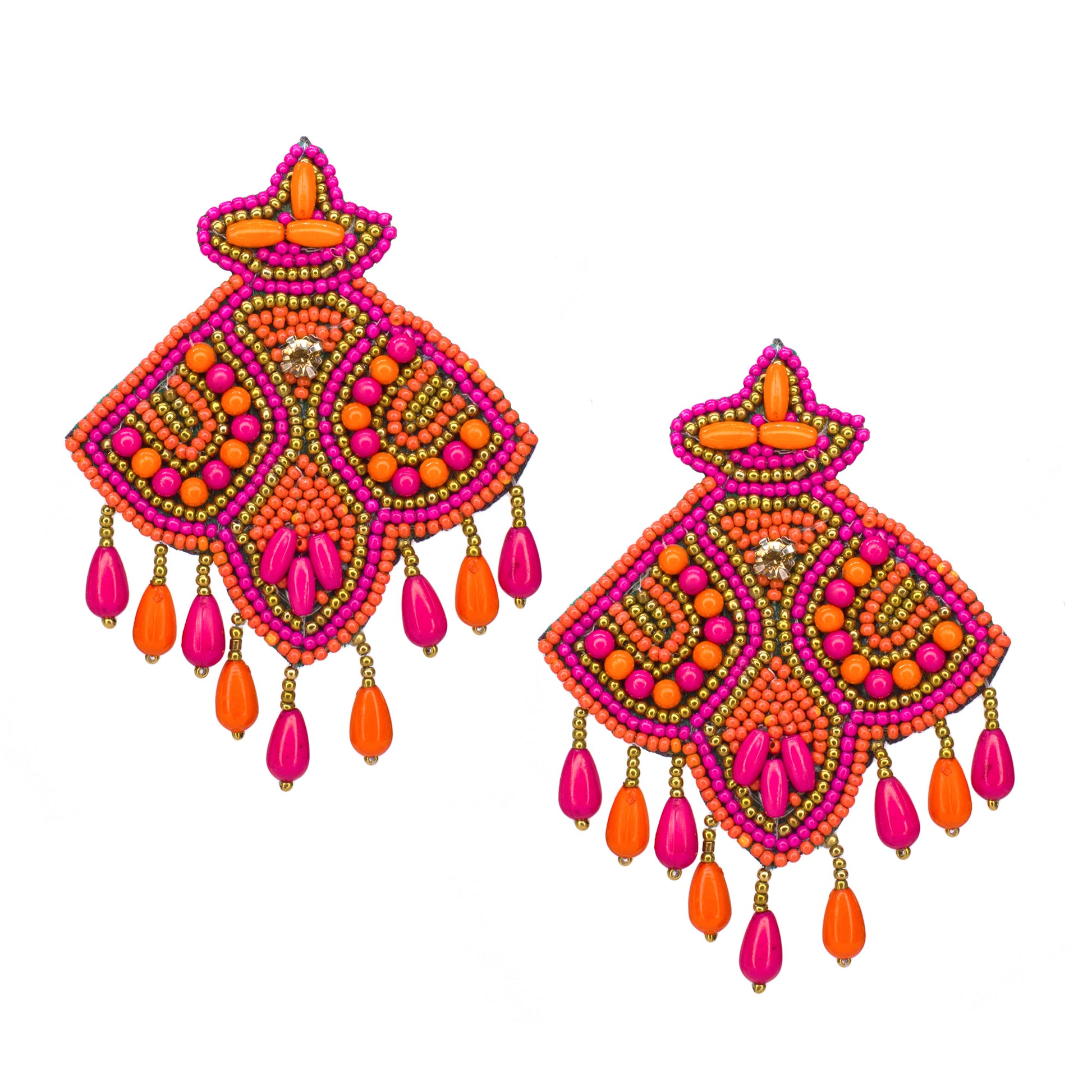 Organic Vibes Pink Orange Hand Embroidered Upcycled Beaded Fabric Earrings For Girls