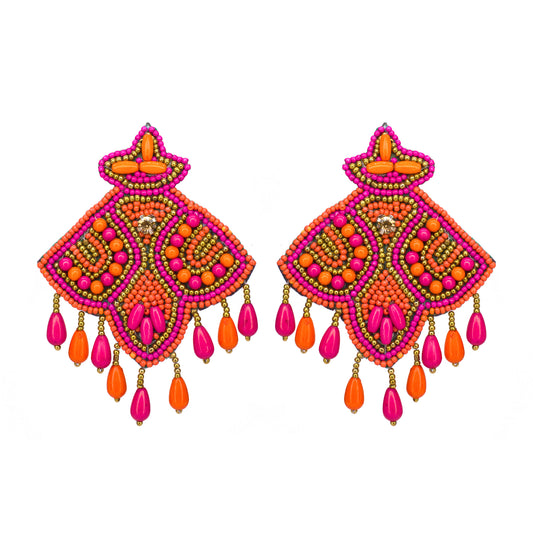 Organic Vibes Pink Orange Hand Embroidered Upcycled Beaded Fabric Earrings For Girls