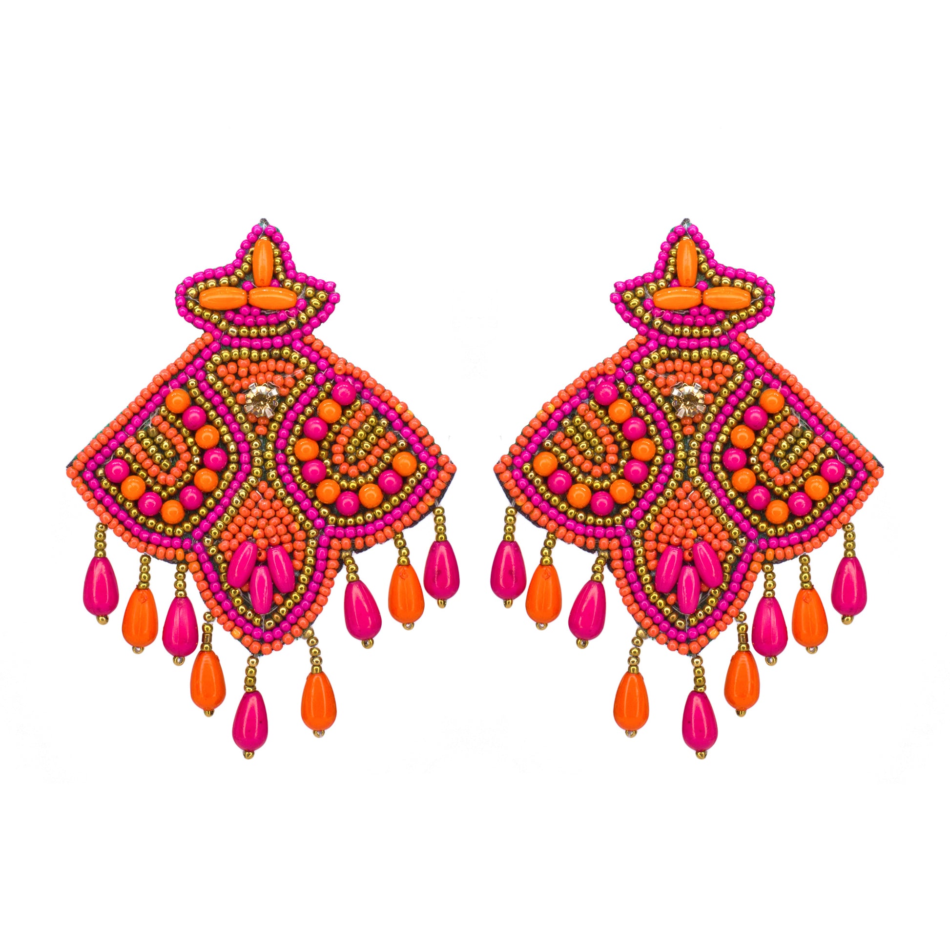 Organic Vibes Pink Orange Hand Embroidered Upcycled Beaded Fabric Earrings For Girls