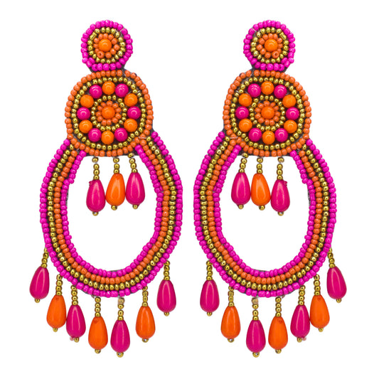 Organic Vibes Pink Orange Hand-Embroidered Upcycled Beaded Fabric Earrings For Girls