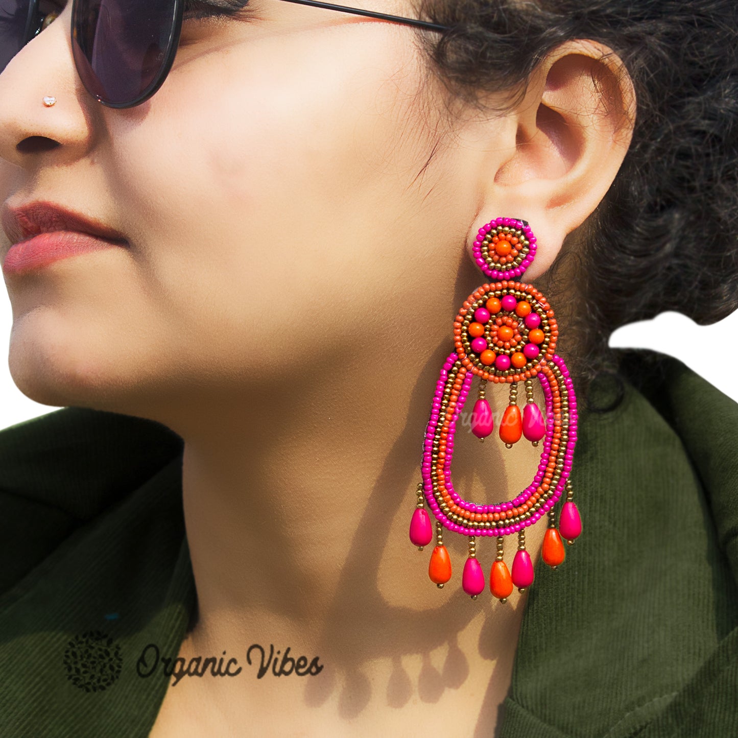 Organic Vibes Pink Orange Hand-Embroidered Upcycled Beaded Fabric Earrings For Girls