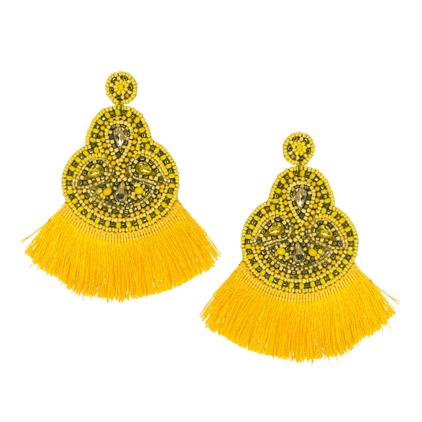 Organic Vibes Handmade Beaded Yellow Floral Design Tassel Dangler Fabric Earrings For Women