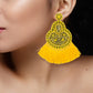 Organic Vibes Handmade Beaded Yellow Floral Design Tassel Dangler Fabric Earrings For Women