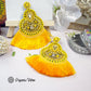 Organic Vibes Handmade Beaded Yellow Floral Design Tassel Dangler Fabric Earrings For Women