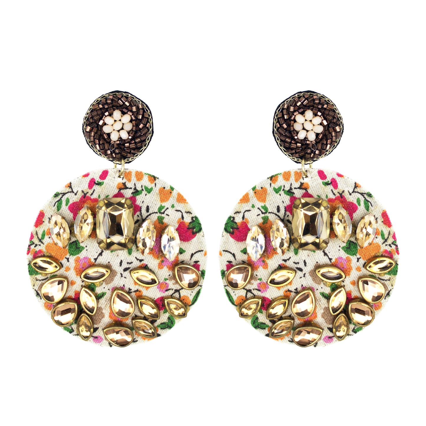 Organic Vibes Handmade Floral Design Multi Colour With CZ Stones Dangler Fabric Earrings For Women