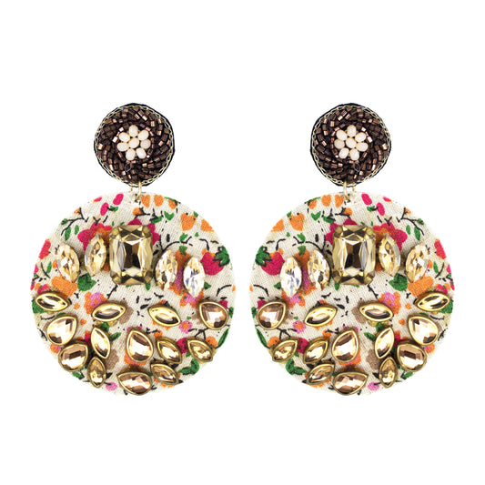 Organic Vibes Handmade Floral Design Multi Colour With CZ Stones Dangler Fabric Earrings For Women