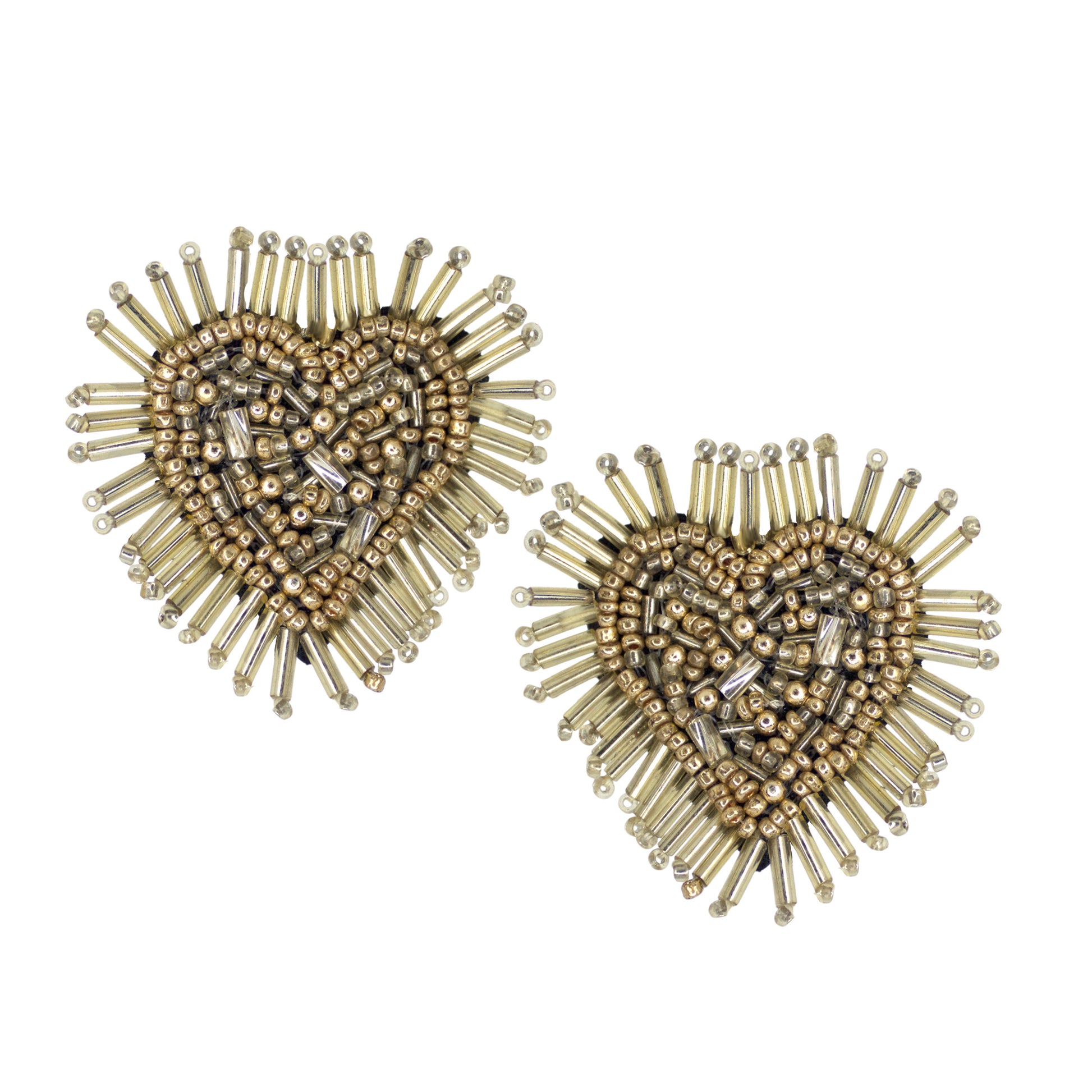 Organic Vibes Handmade Golden Heart Shape Beaded Big Stud Fabric Earrings For Women