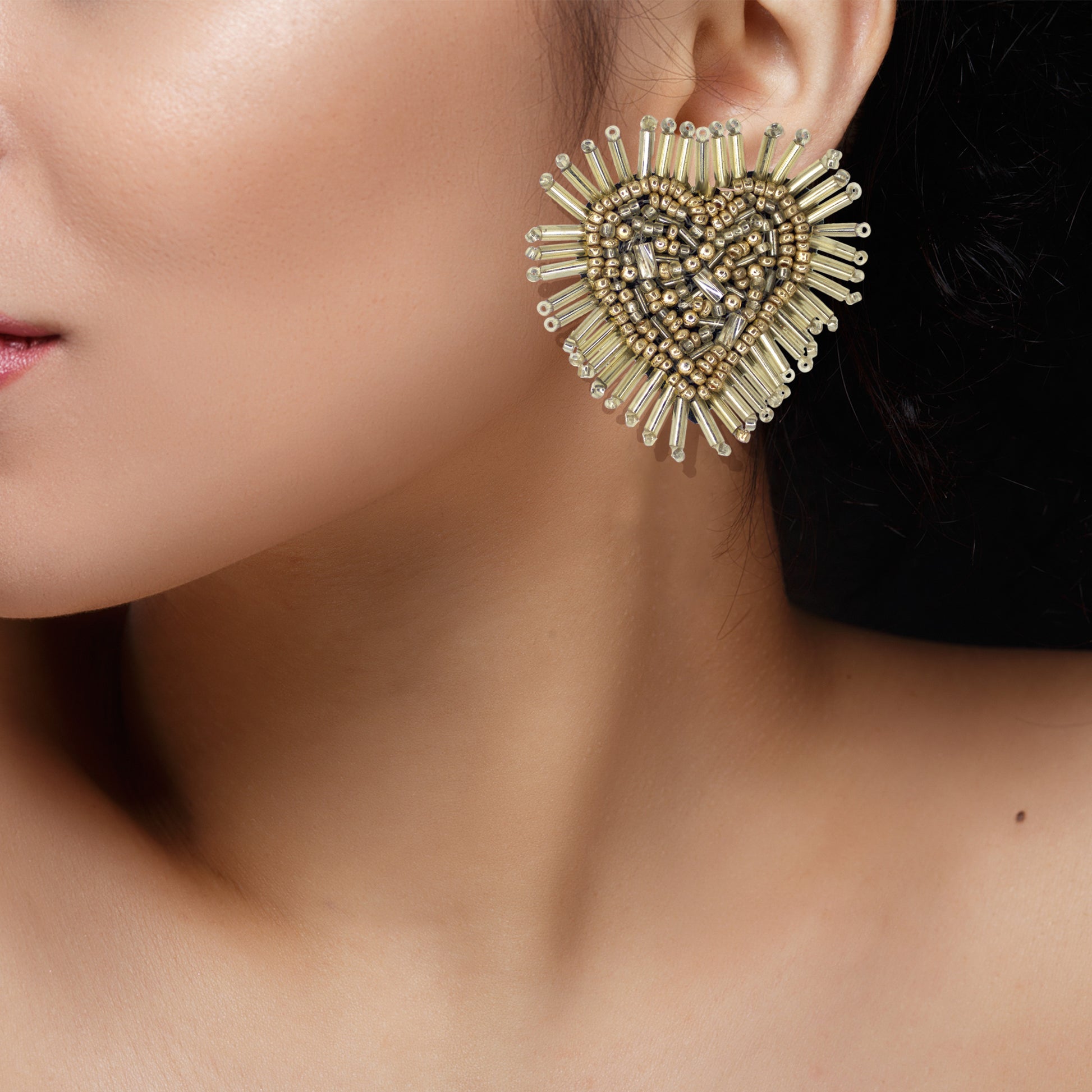 Organic Vibes Handmade Golden Heart Shape Beaded Big Stud Fabric Earrings For Women